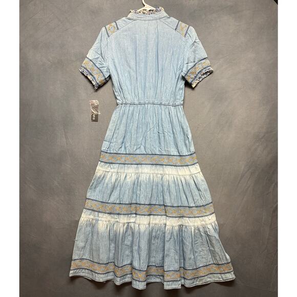 Lapis Embroidered Chambray Maxi Dress S Blue Cottagecore Hippy Boho Soft Denim - Picture 2 of 11